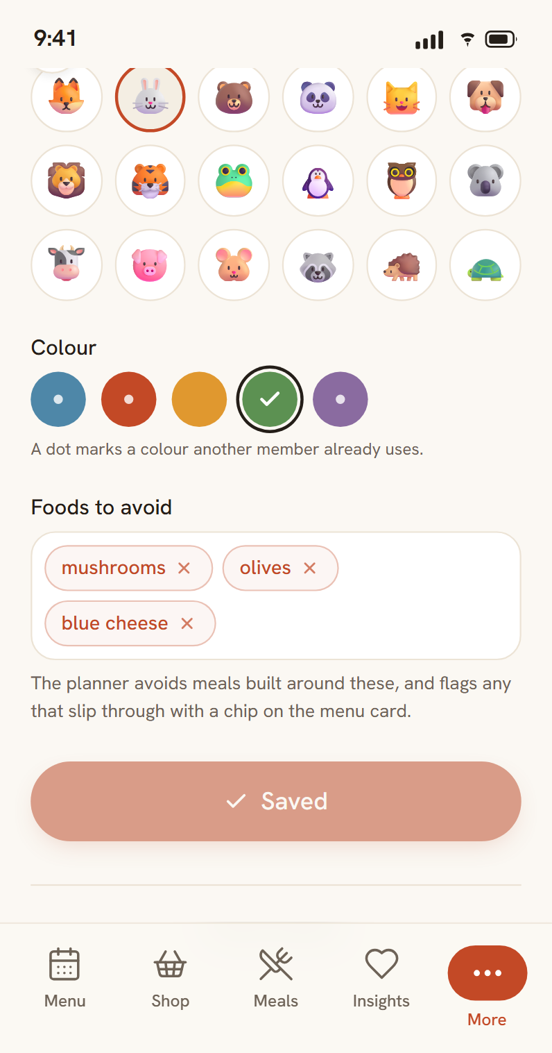SupperNest — a household member's foods to avoid