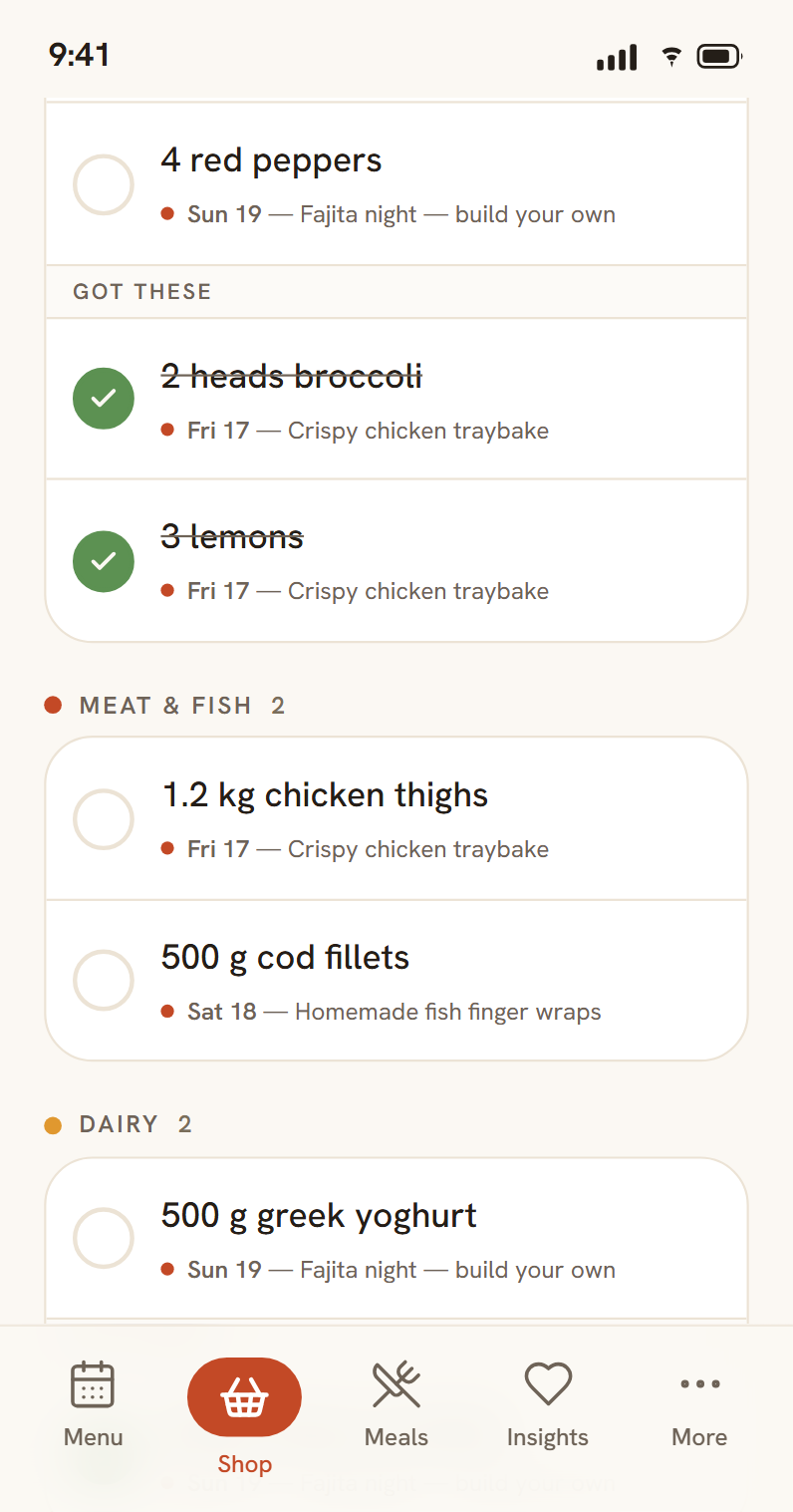 SupperNest — One list, sorted by aisle