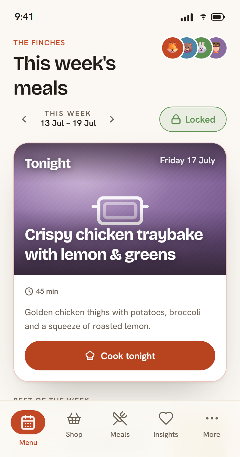SupperNest — this week's meals with tonight's dinner